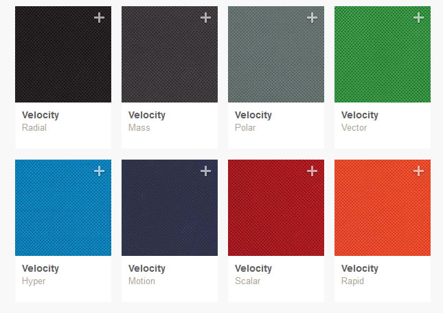 Bezugsstoff für Bürostühle Velocity von Camira. Verwendung Bezugstoffe Composition 100% Polyester Width 145cm Weight 285g/m2 ±5% Abrasion Resistance 50,000 Martindale cycles Flammability BS EN 1021-1&2 Cigarette & Match BS 7176 Low Hazard Cleaning Vacuum regularly. Wipe clean with a damp cloth. Reinigung Regelmässig staubsaugen. Dazu mit einem feuchten Tuch abwischen, oder mit einem speziellen Polsterschaum behandeln.